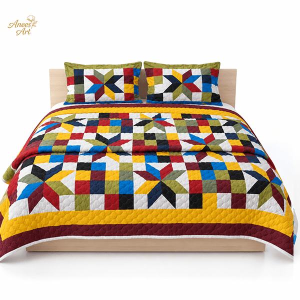 RD#002 - Multicolor / yellow / burgundy comforter with pillows