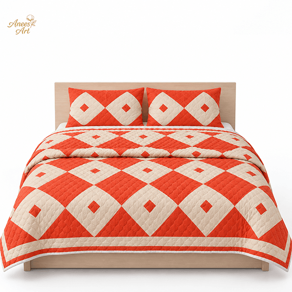 RD#004 - Coral orange / cream comforter with pillows