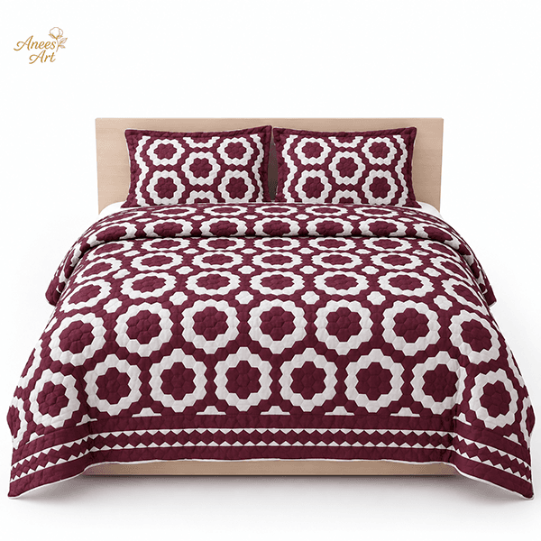 RD#007 - Burgundy / white comforter with pillows