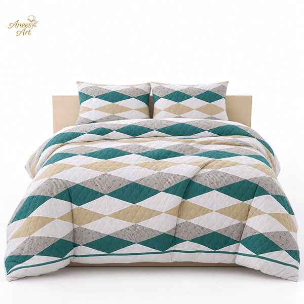 RD#010 - Teal / beige / gray / white comforter with pillows