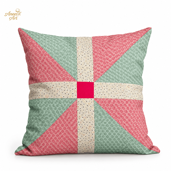 CP004-PMCR handmade Pink, Mint Green, Cream & Red patchwork cushion