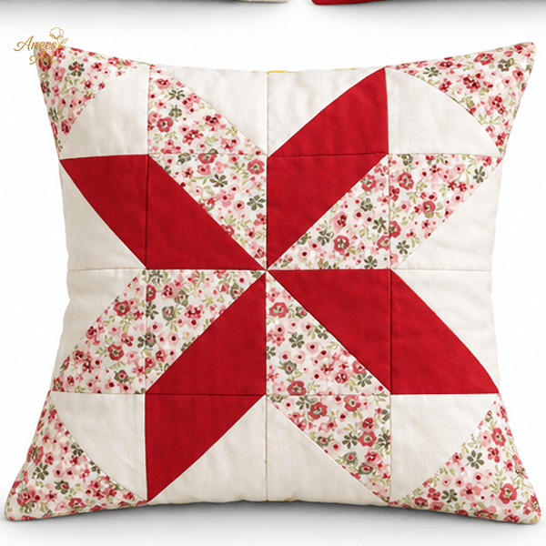 CP008-RCF handmade Red, Cream & Floral patchwork cushion