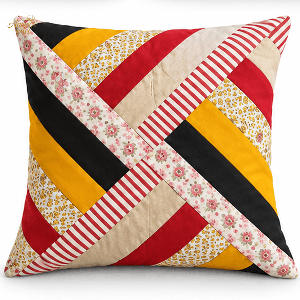 CP009-MRCY handmade Multicolour Diagonal Strips patchwork cushion